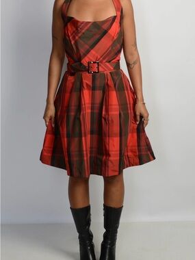 Cue Red and Brown Plaid Halter Fit-and-Flare Dress